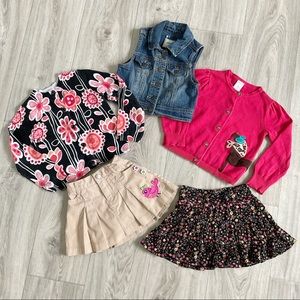 Lot of 5 Girls clothes cardigan, skirt, skorts, denim vest. Floral, bird…